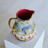 19th-century antique pitcher in polychrome majolica signed Nimy-les-Mons.