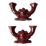 Pair of 1950s burgundy earthenware candlesticks