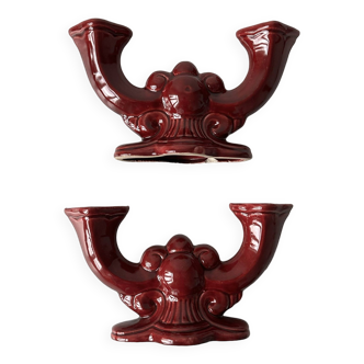 Pair of 1950s burgundy earthenware candlesticks