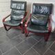 Pair of Scandinavian armchairs in leather and curved wood