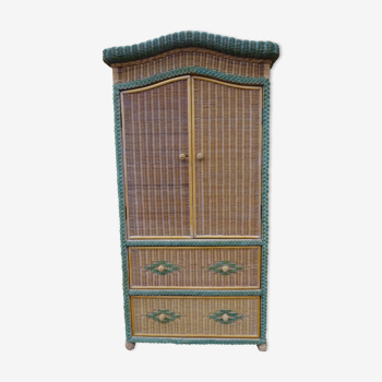 Armoire penderie à tiroirs en rotin années 70-80