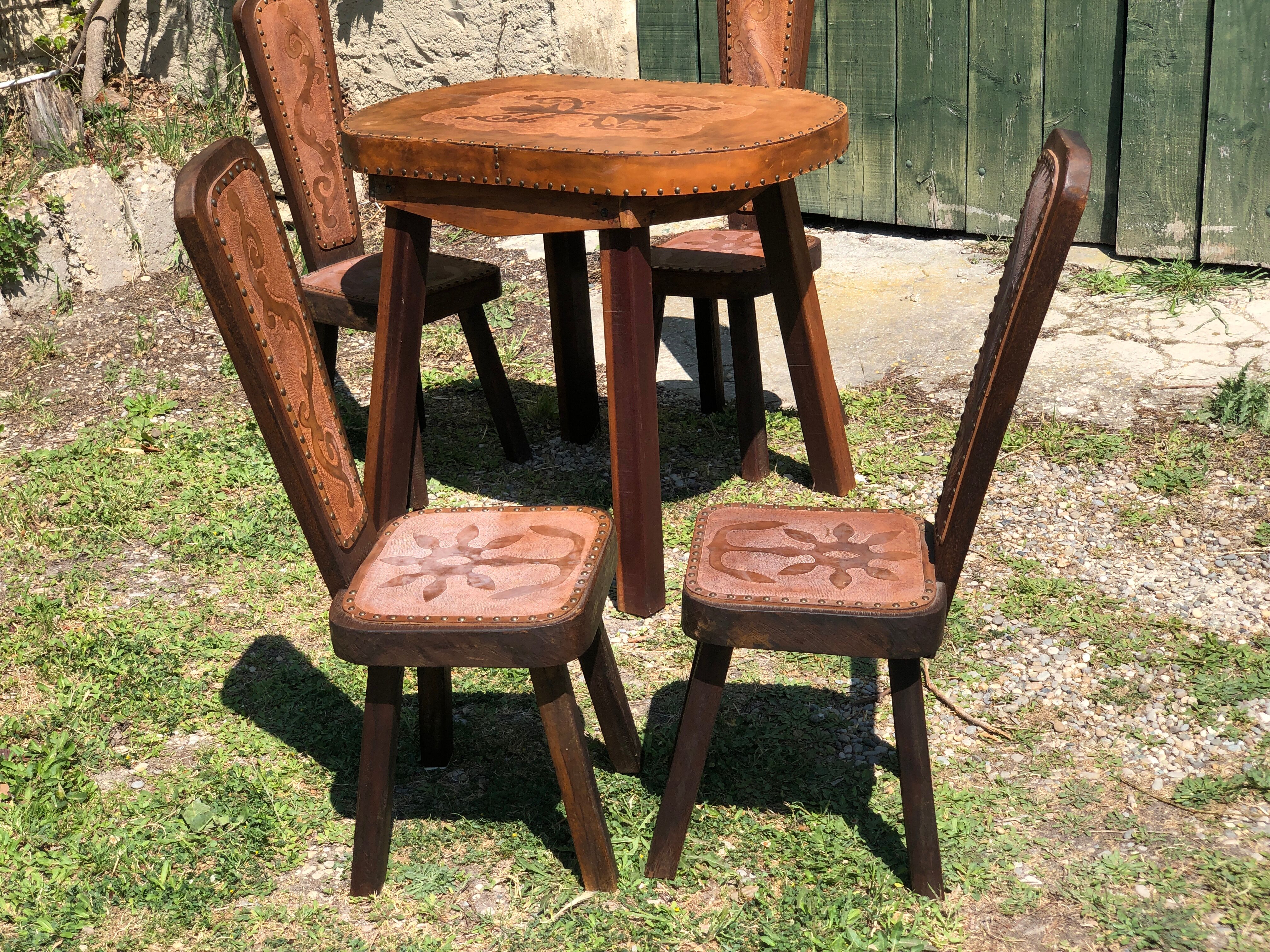 Brutalism oak and leather table and 4 chairs set 1960