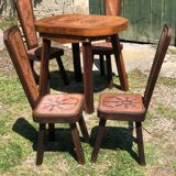 Ensemble table et 4 chaises brutalisme chêne et cuir 1960