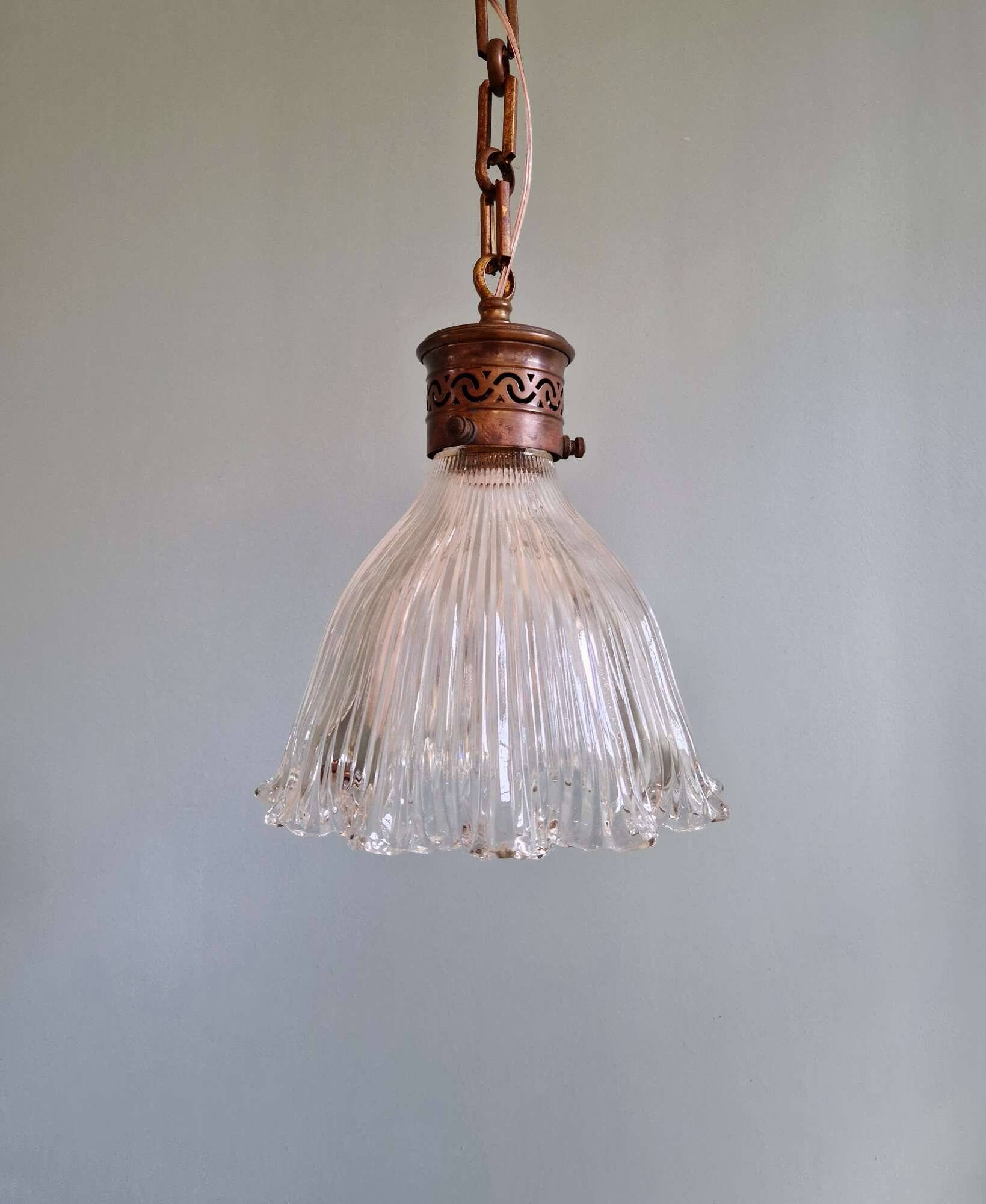 Art Deco Holophane pendant light in clear grooved glass, 1920-30