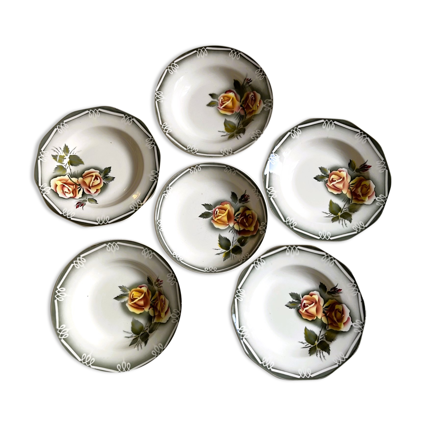 6 hollow plates in vintage earthenware by Digoin Sarreguemines - models Odile and Adèle