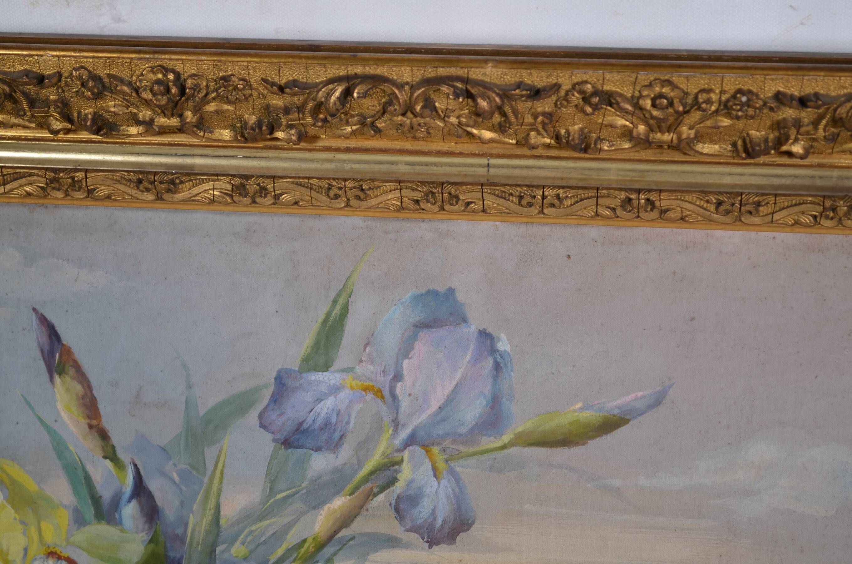 French School circa 1900 “Irises and dragonflies” Painted silk.