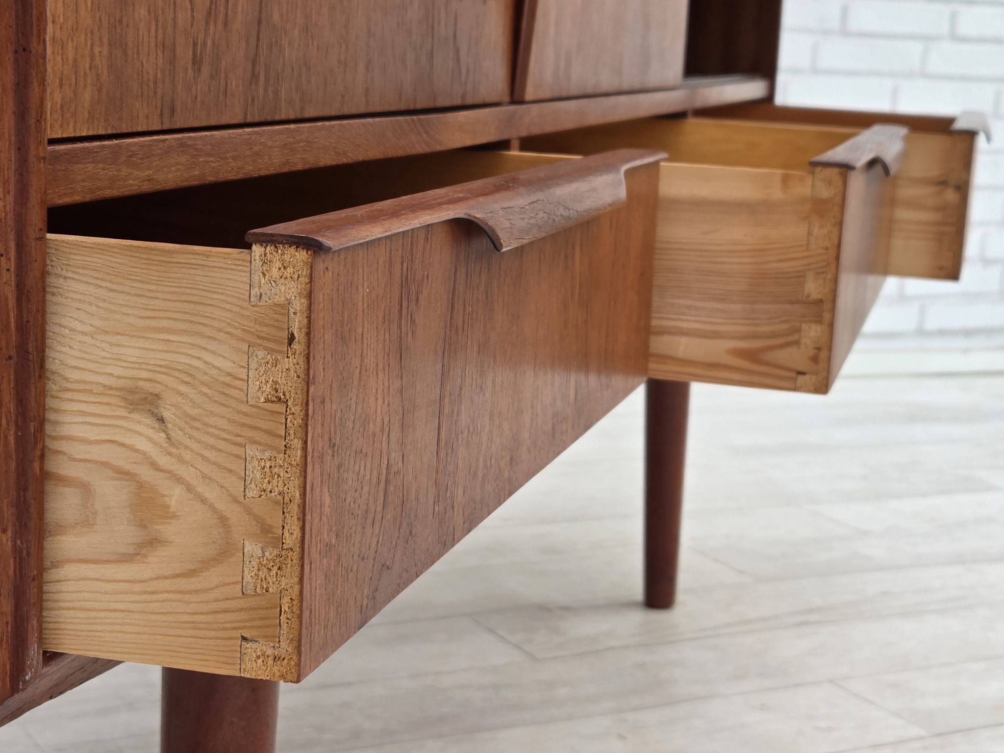 1960s, Danish chest of drawers, teak wood, mirror inside, sliding doors.