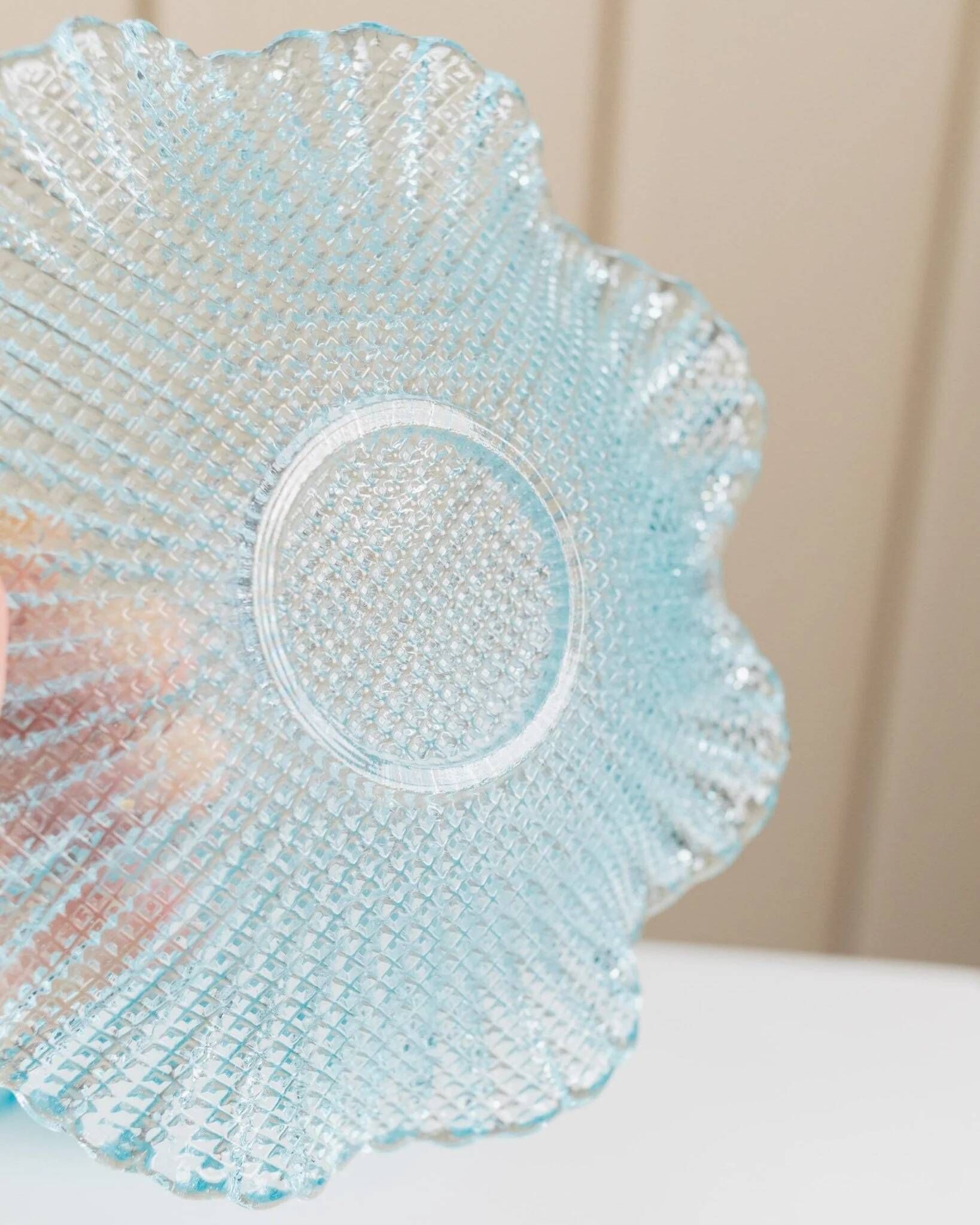 Six-piece turquoise crystal glass bowls, vintage 1980s, ruffled scalloped rims, pressed texture