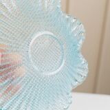 Six-piece turquoise crystal glass bowls, vintage 1980s, ruffled scalloped rims, pressed texture