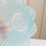Six-piece turquoise crystal glass bowls, vintage 1980s, ruffled scalloped rims, pressed texture