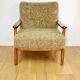 Wooden vintage brown armchair, olive green, long pile on removable cushions