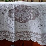 Ancienne nappe ronde diametre 230 cm dentelle broderie