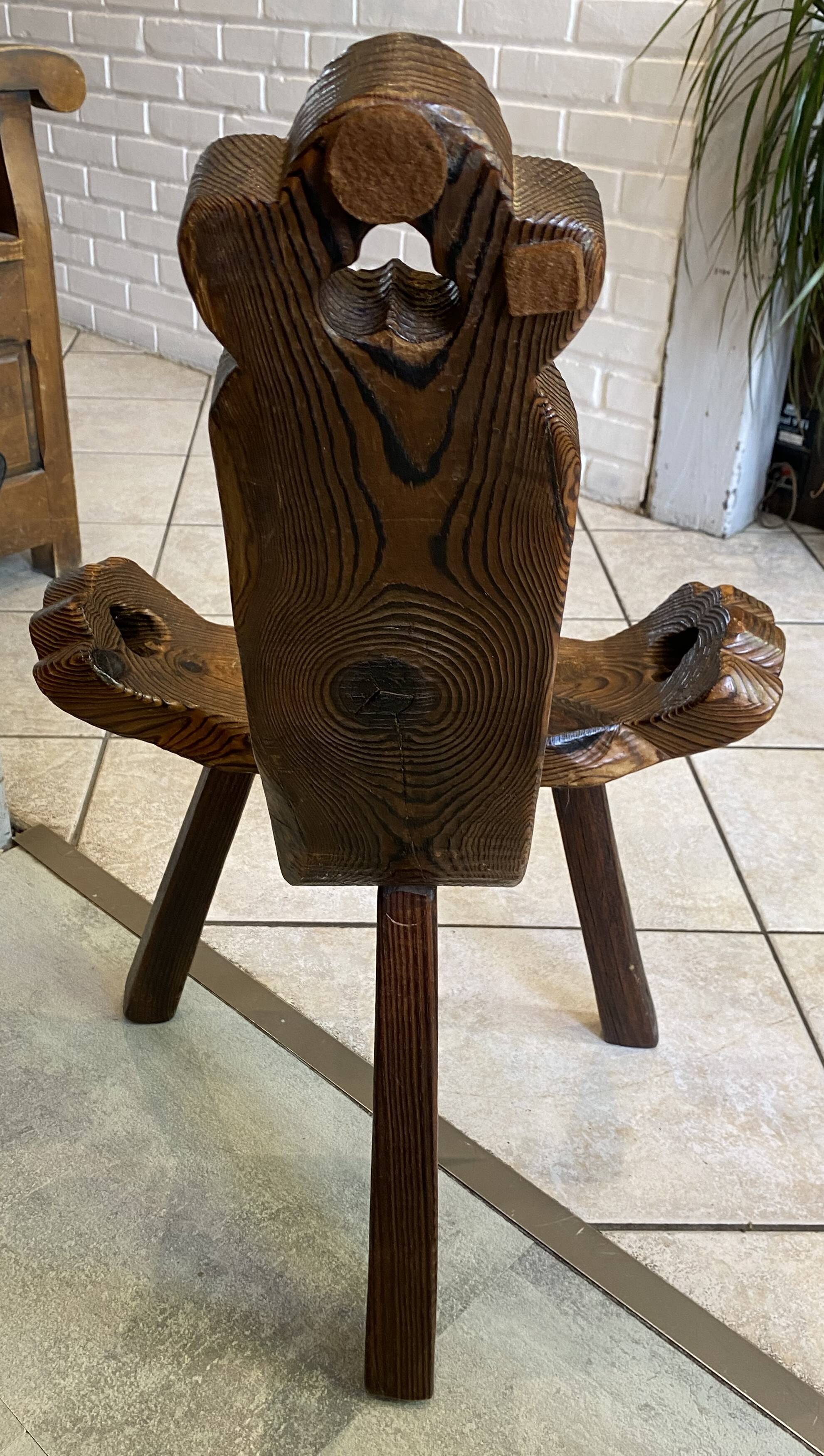Brutalist tripod chair n1, carved solid wood, antique.