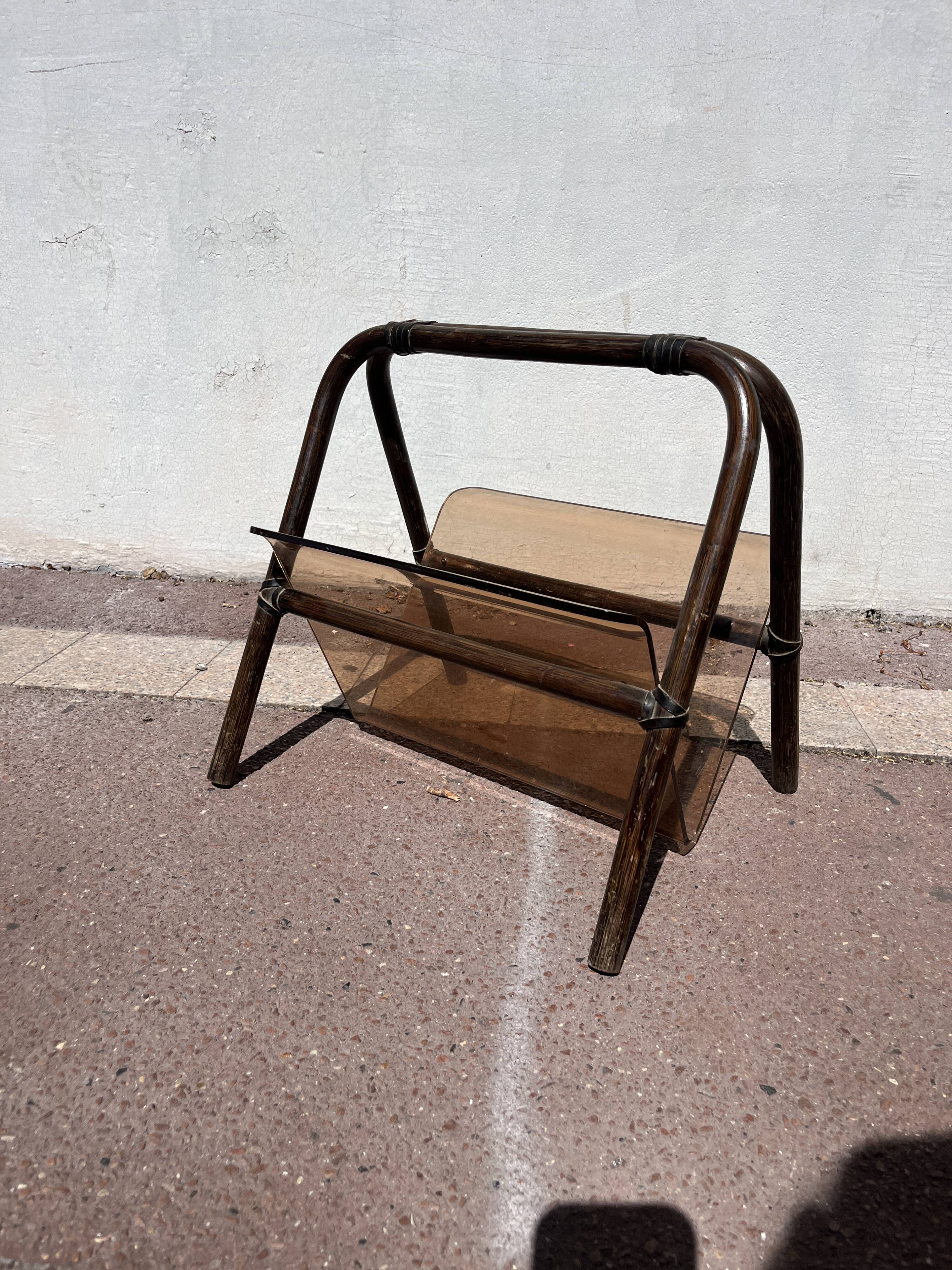 Rattan and Plexiglass magazine rack by Marc Held