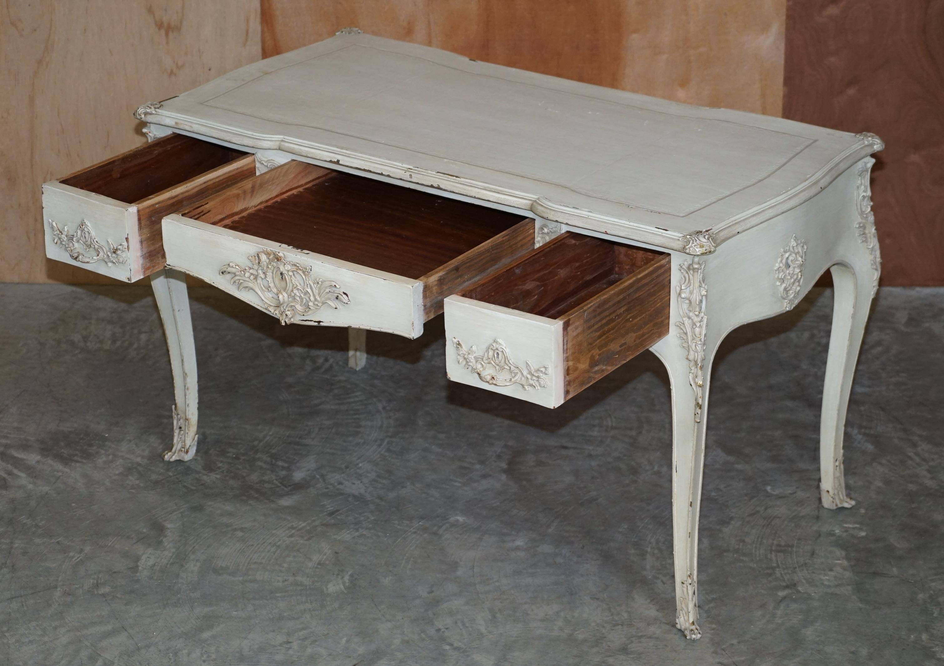 Antique Louis XV style flat desk painted with stool.
