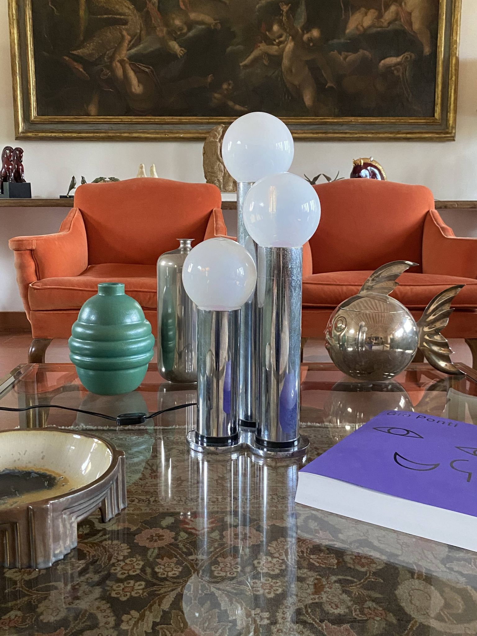 Hollywood regency 3 lights metal and opaline glass table lamp, Lama, Italy 1970s