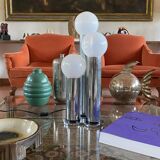 Hollywood regency 3 lights metal and opaline glass table lamp, Lama, Italy 1970s