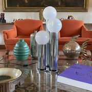 Hollywood regency 3 lights metal and opaline glass table lamp, Lama, Italy 1970s
