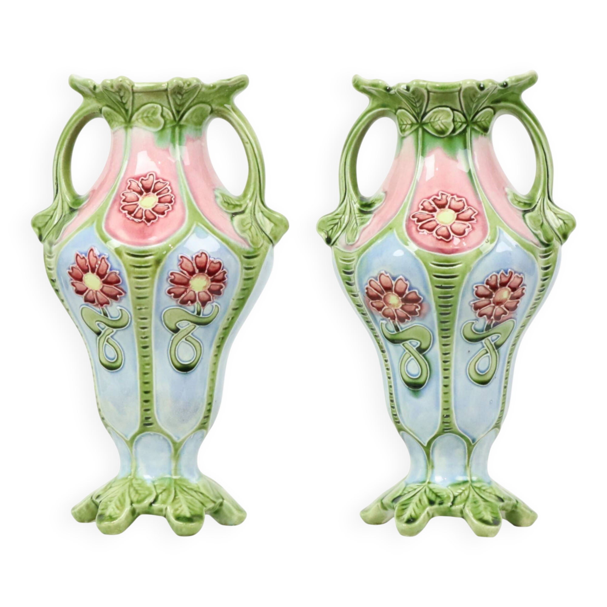 French Art Nouveau Majolica Earthenware Vases ca. 1900