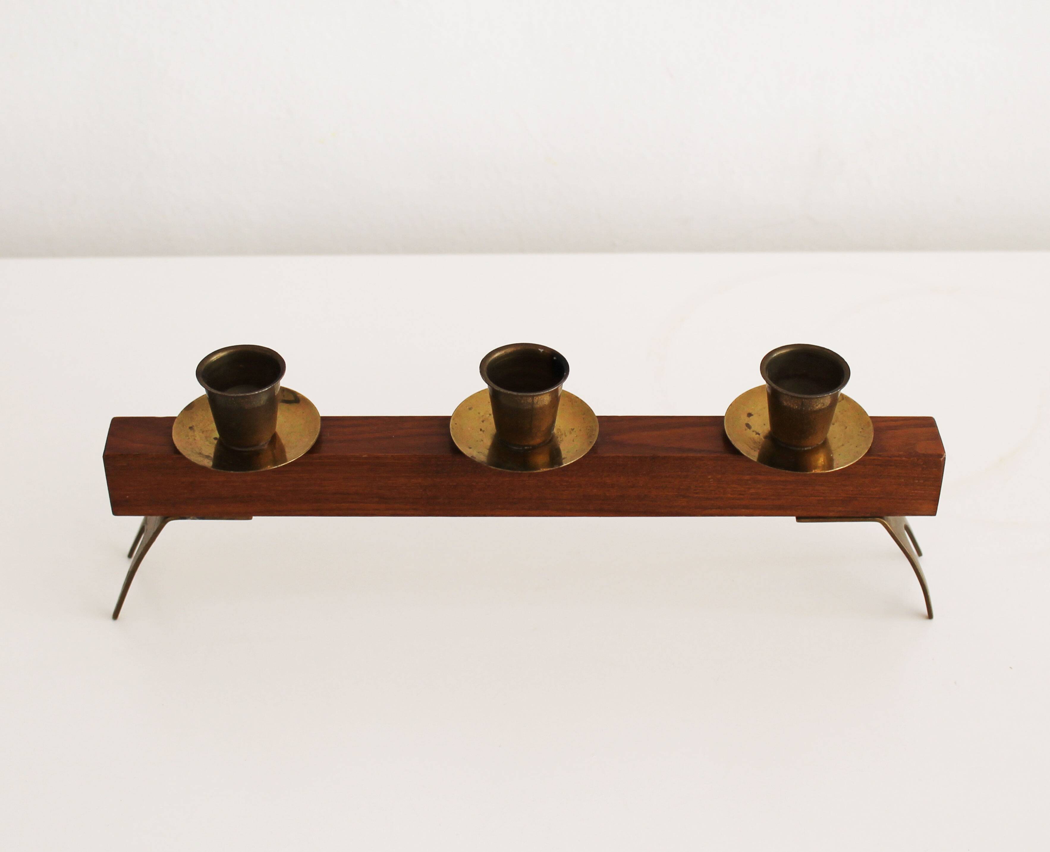 1960s Sculptural Wooden & Brass Candleholder