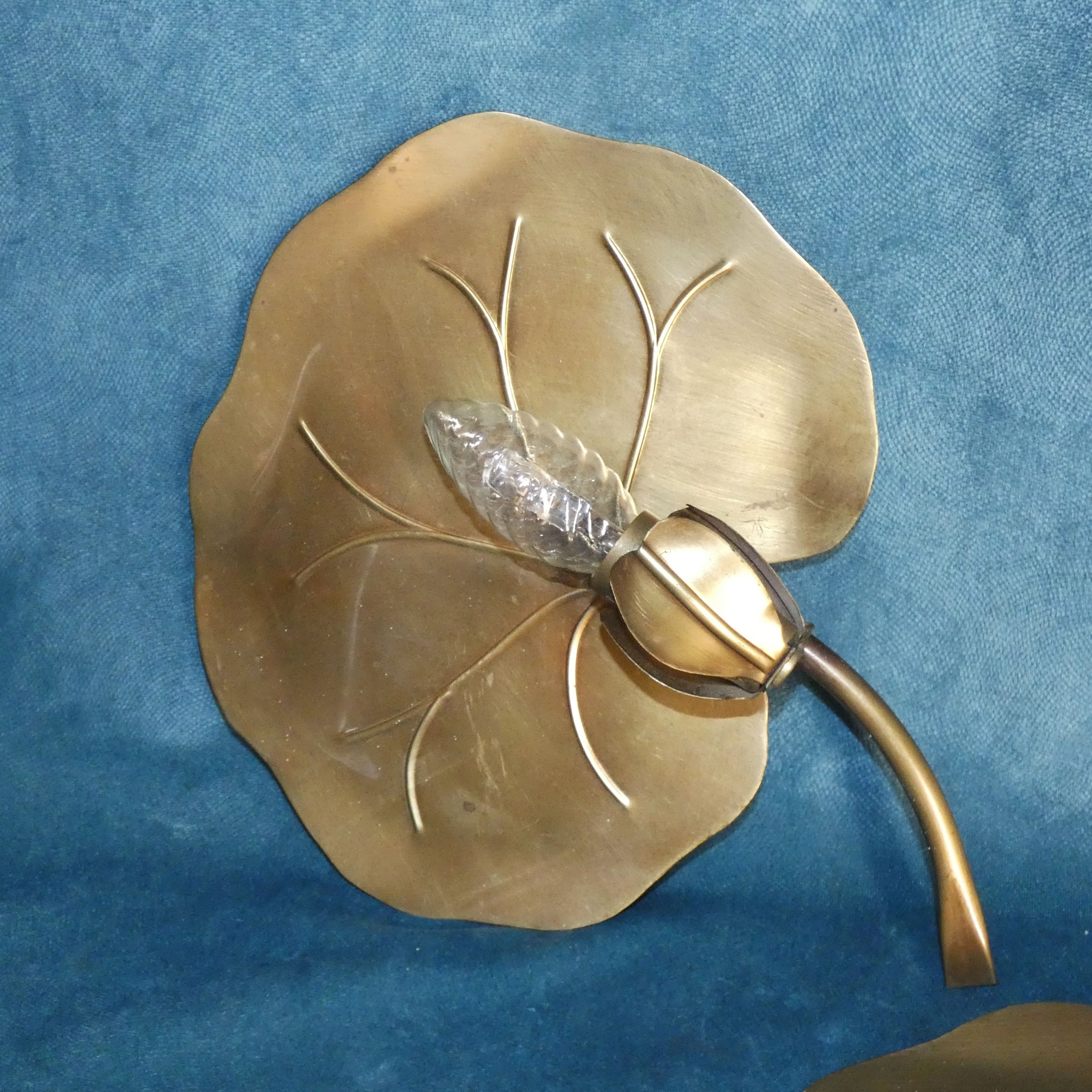 House florart pair wall lamps leaves nenuphar brass circa 1960