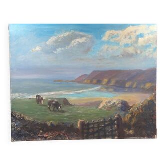 Oil on canvas, pre-salted Bay of Somme, Cow, beef, signed Rogé to identify