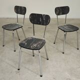 Set of 3 black marbled formica chairs from the 60s