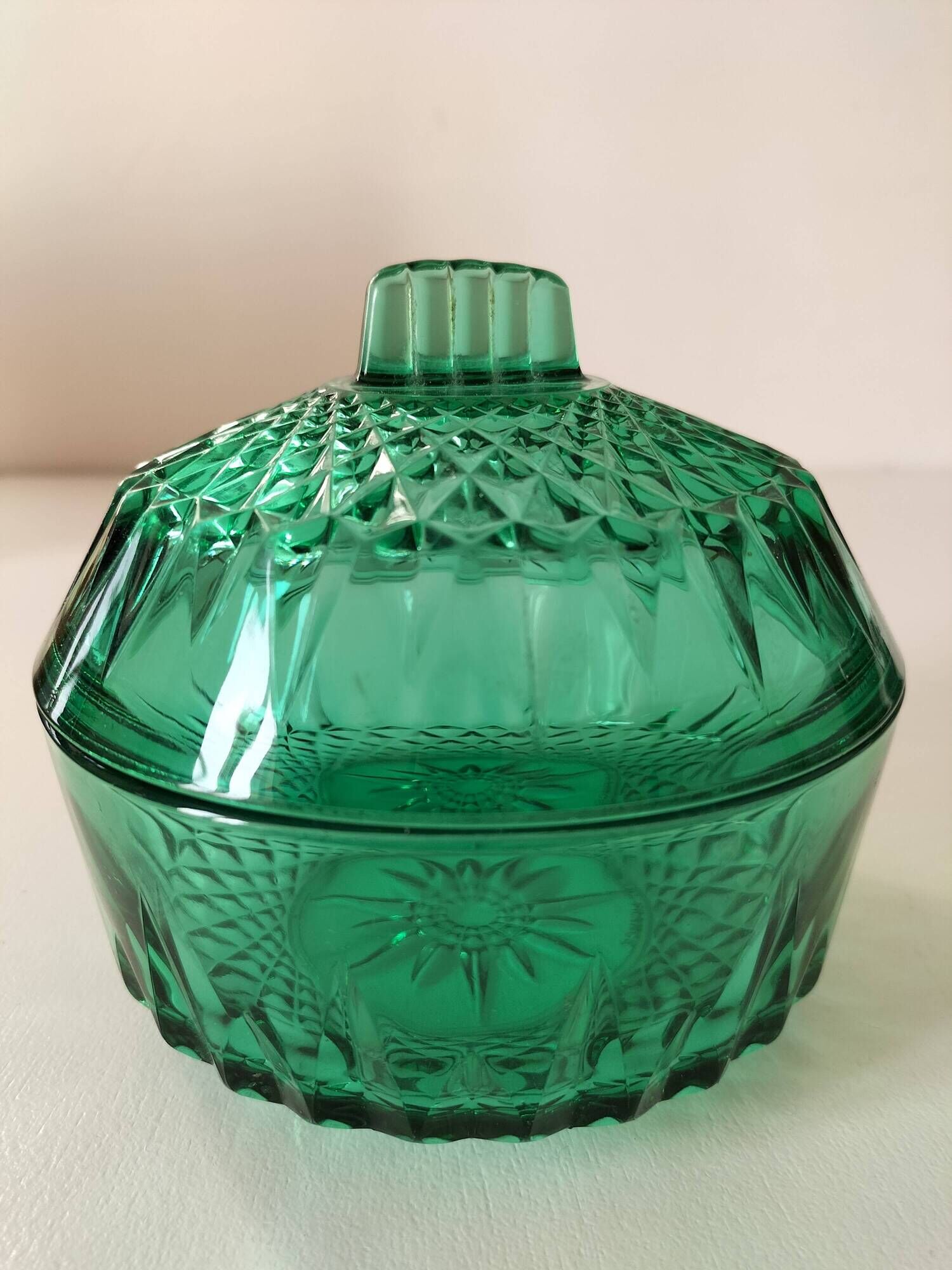 Vintage Arcoroc mint green cut glass sugar bowl or sweet jar