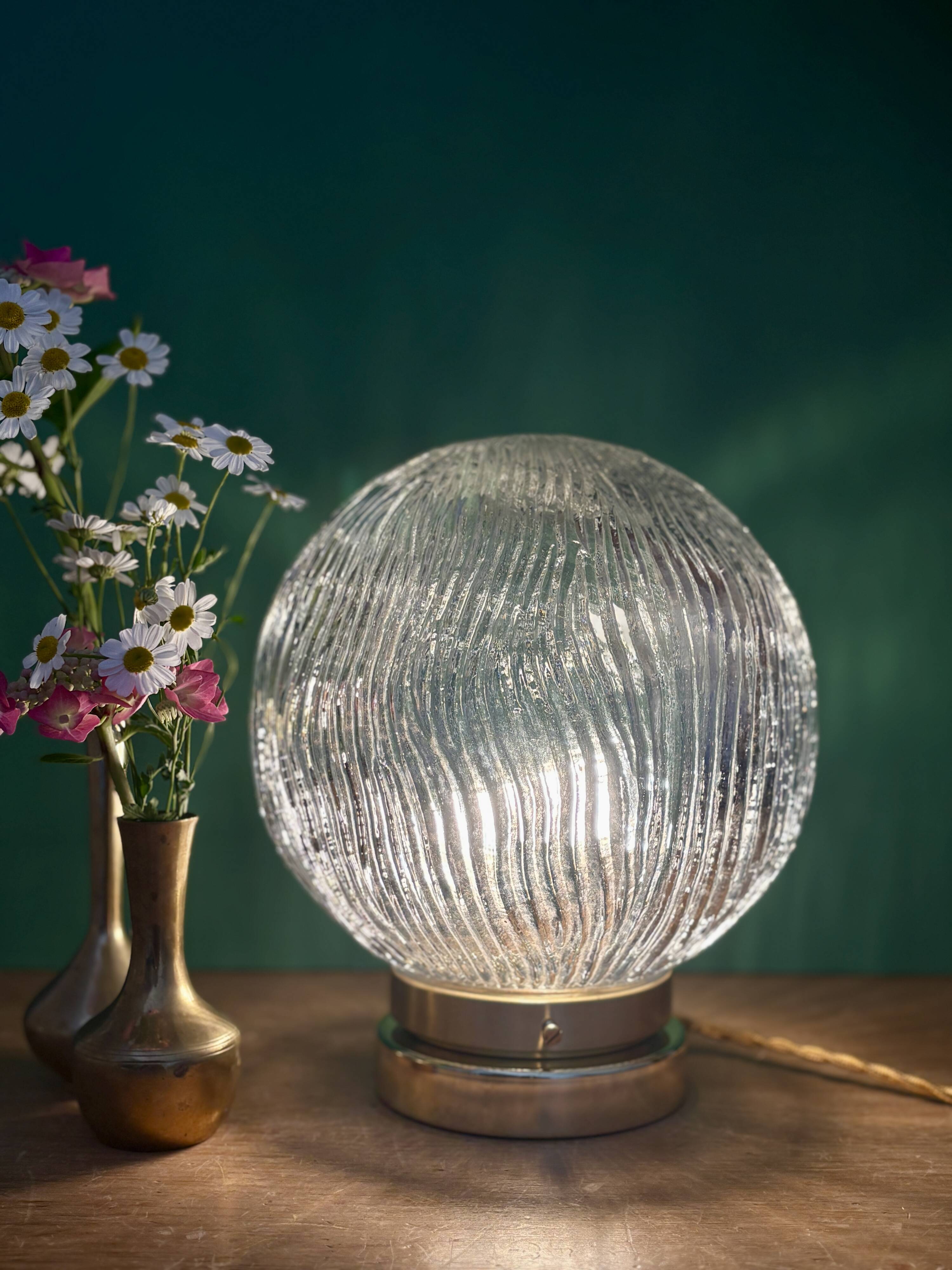 Vintage globe table lamp in ribbed glass
