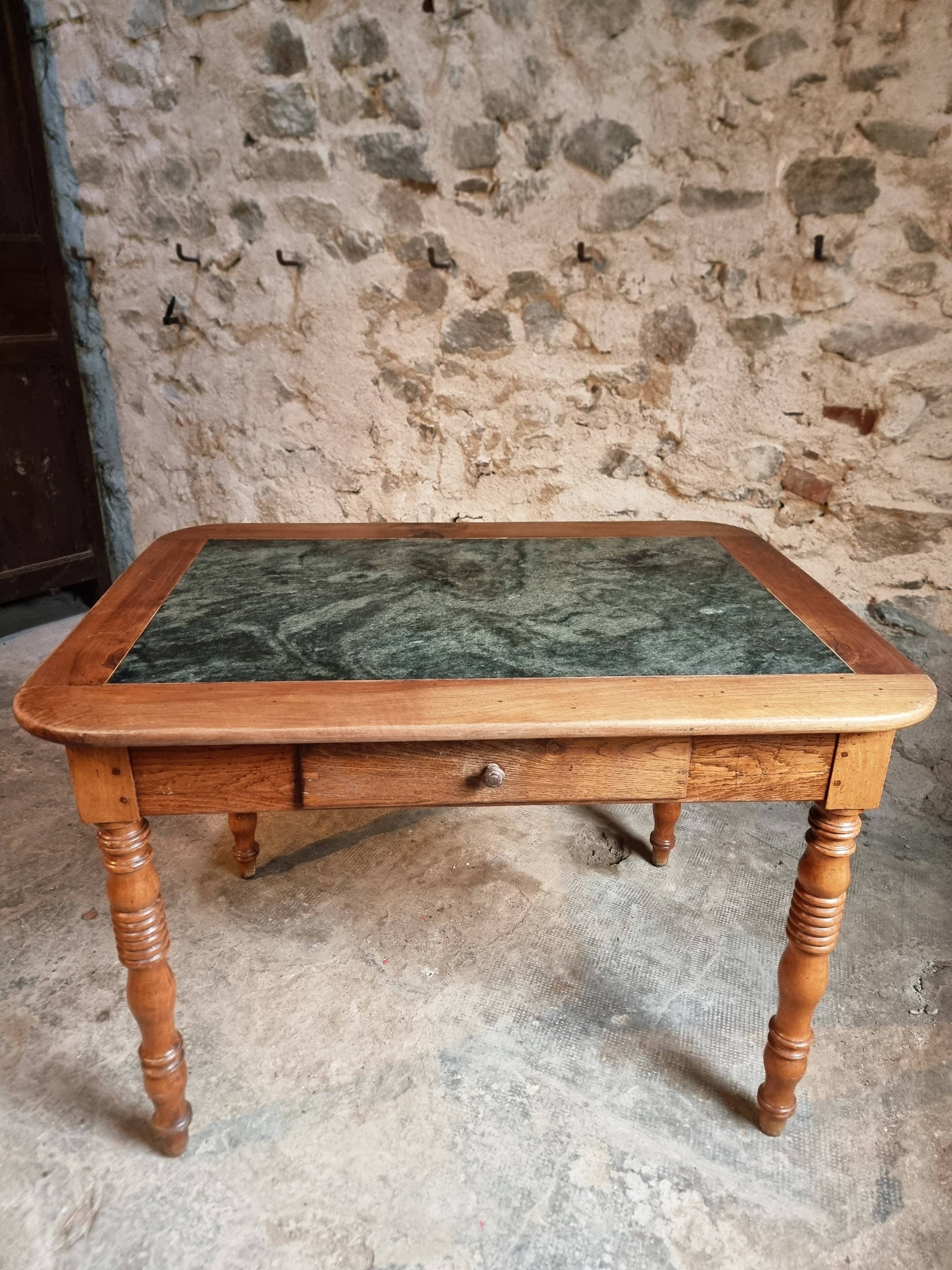 French vintage dining/desk table – oak and walnut – marble top – 1960s writing table with drawer