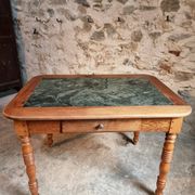 French vintage dining/desk table – oak and walnut – marble top – 1960s writing table with drawer