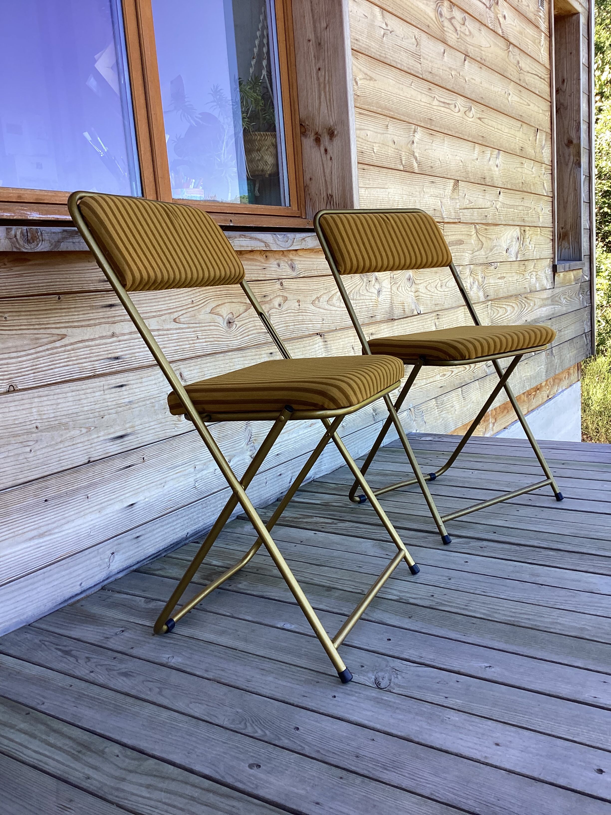 Vintage lafuma folding chair with striped gold fabric