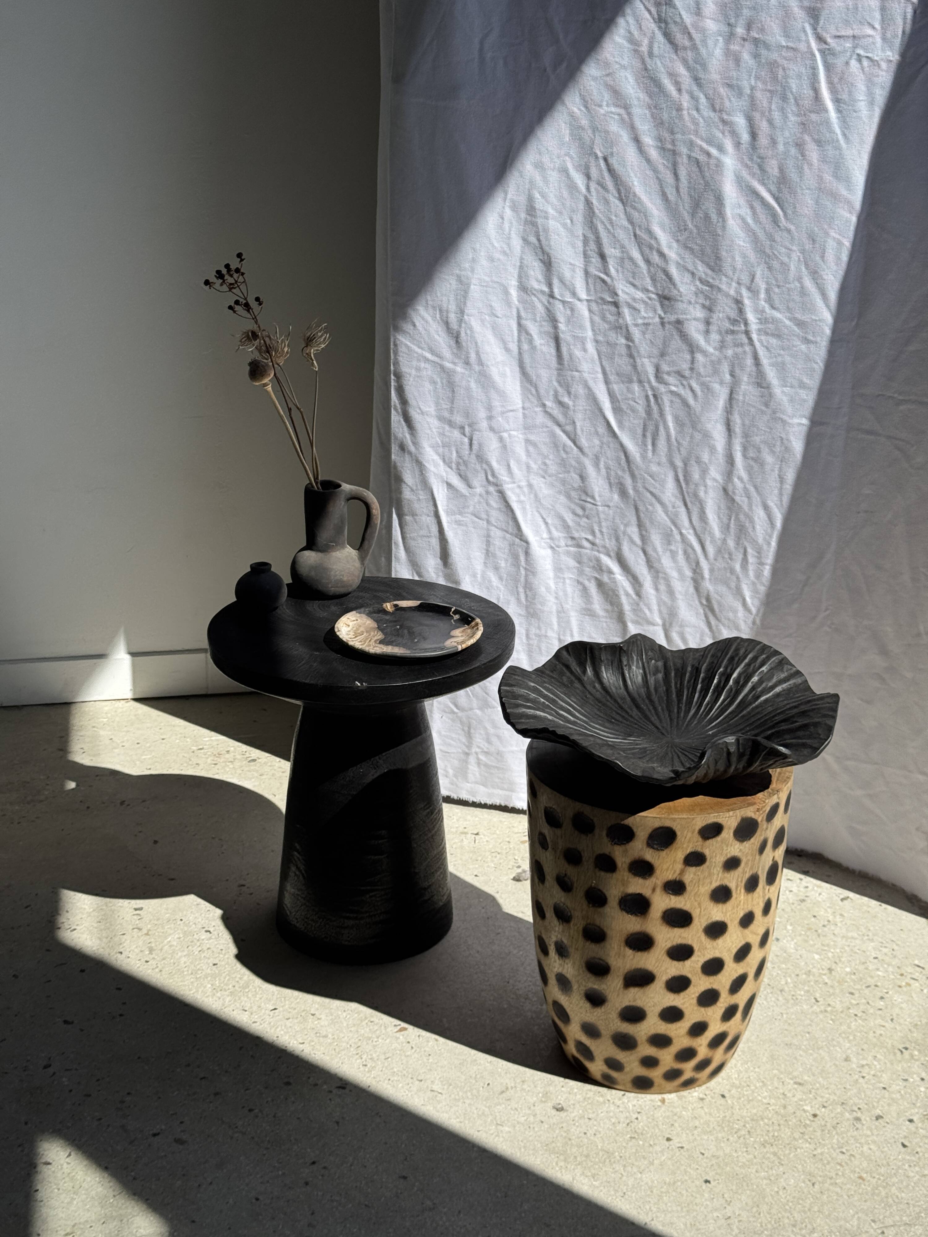 Stool, side table, cylindrical solid mango wood end table.