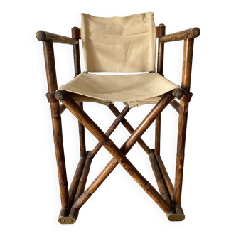 Safari folding armchair in bamboo, leather and canvas