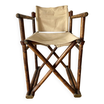 Fauteuil pliant safari en bambou, cuir et toile