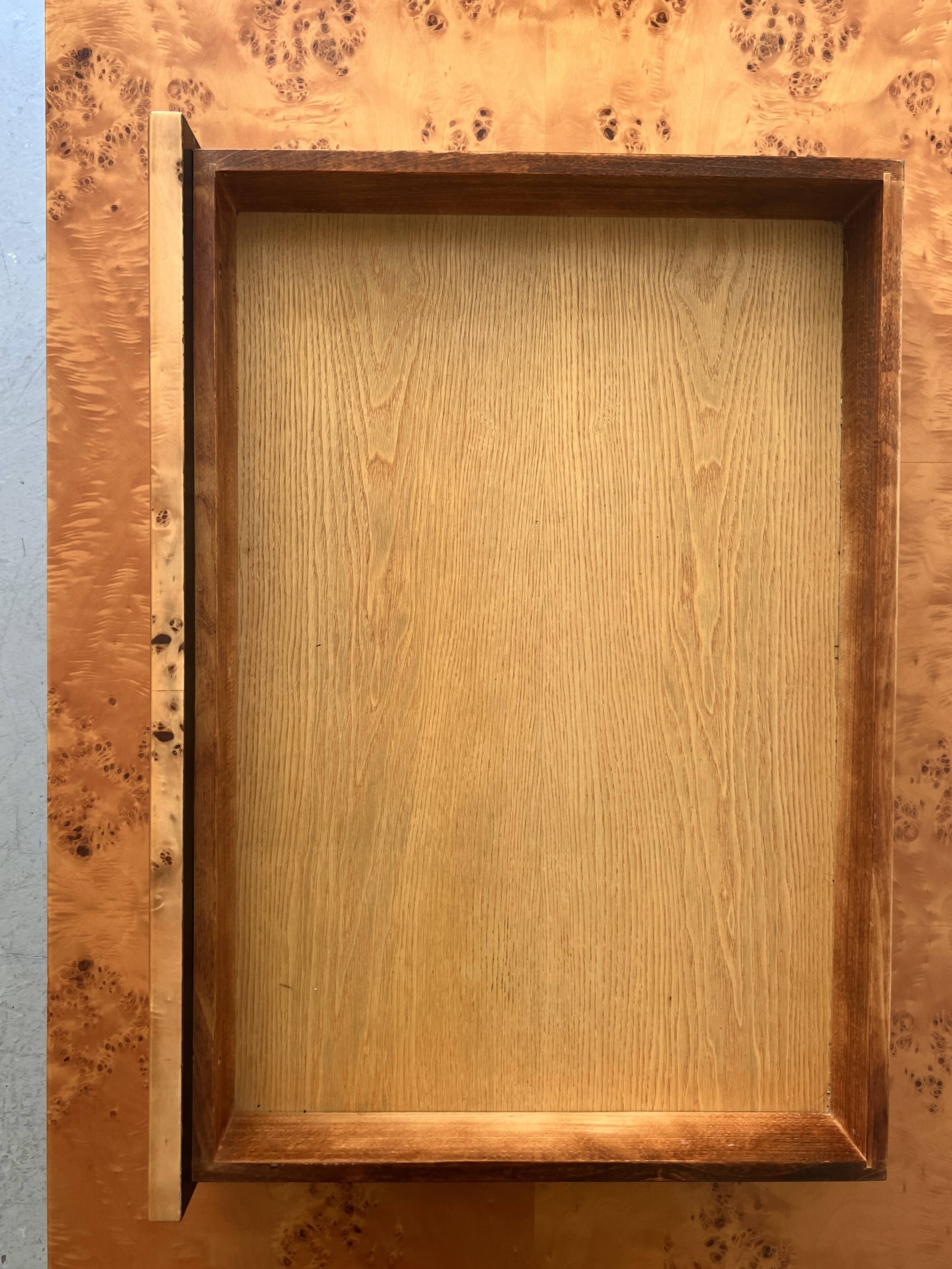 Coffee table with elm burl, integrated drawers, Mahey for Roche Bobois 1970.