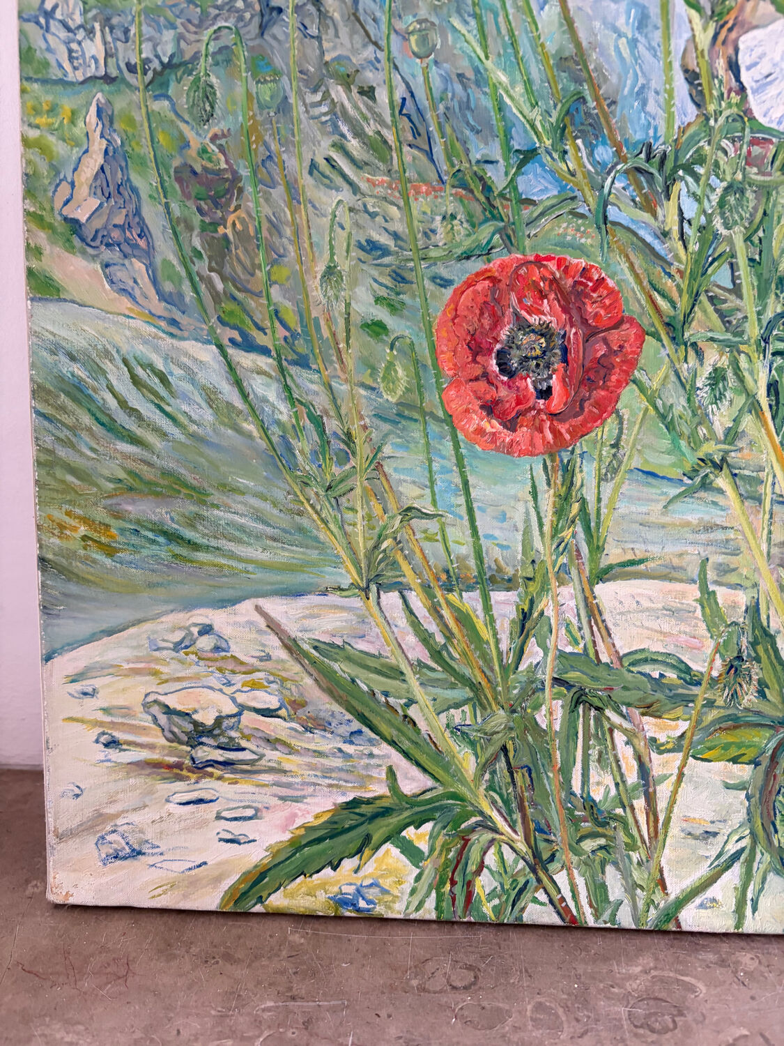 The foot of white poppies, signed Maurice Bouillot 1972