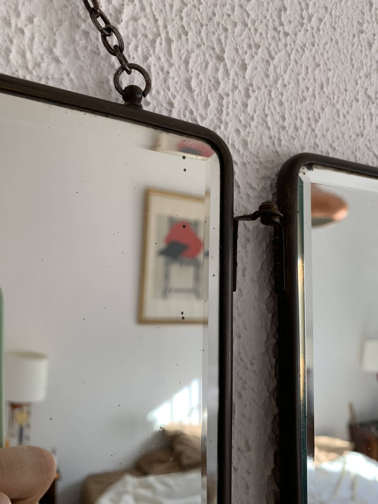 Vintage 1930s barber triptych mirror crystal faux leather gold - 25 x 59 cm