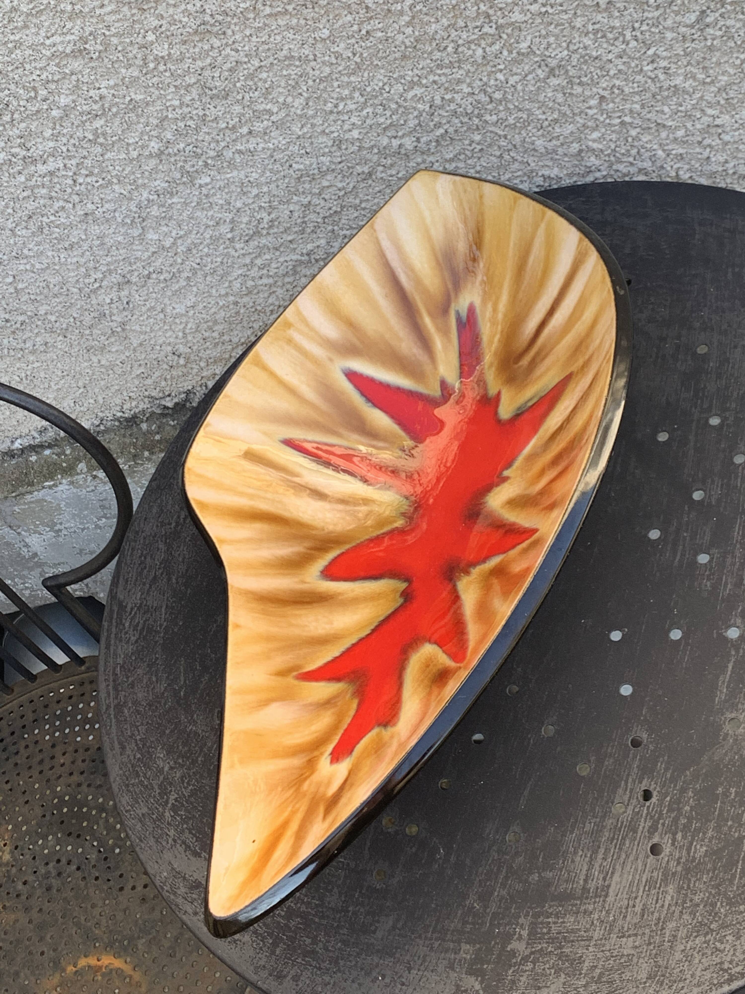 Fruit bowl in glazed ceramic, red design motif, Vallauris, vintage