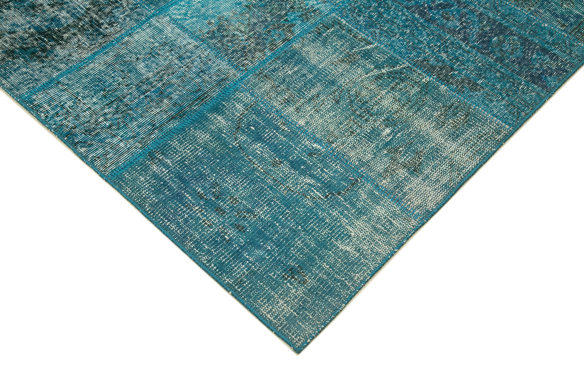 Handwoven anatolian contemporary 200 cm x 297 cm blue patchwork carpet