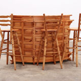 Brutalist mid-century wooden bar with 3 bar chairs, 1970s