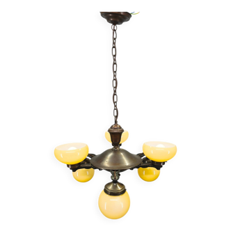 Art Deco Czech Brass Chandelier with Cream Glass, 1920s