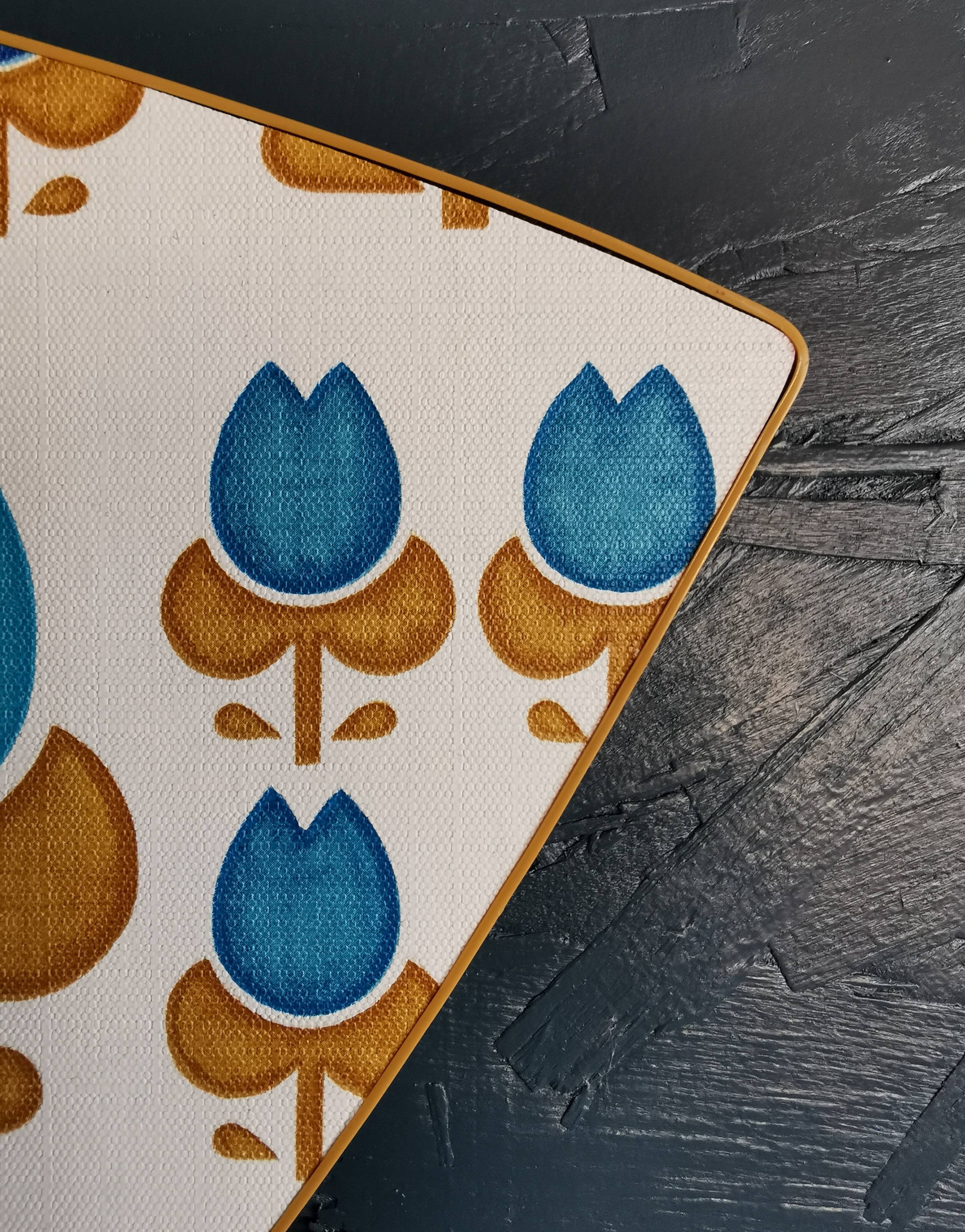 Vintage formica clock silent asymmetrical wall pendulum "Blue flowers"