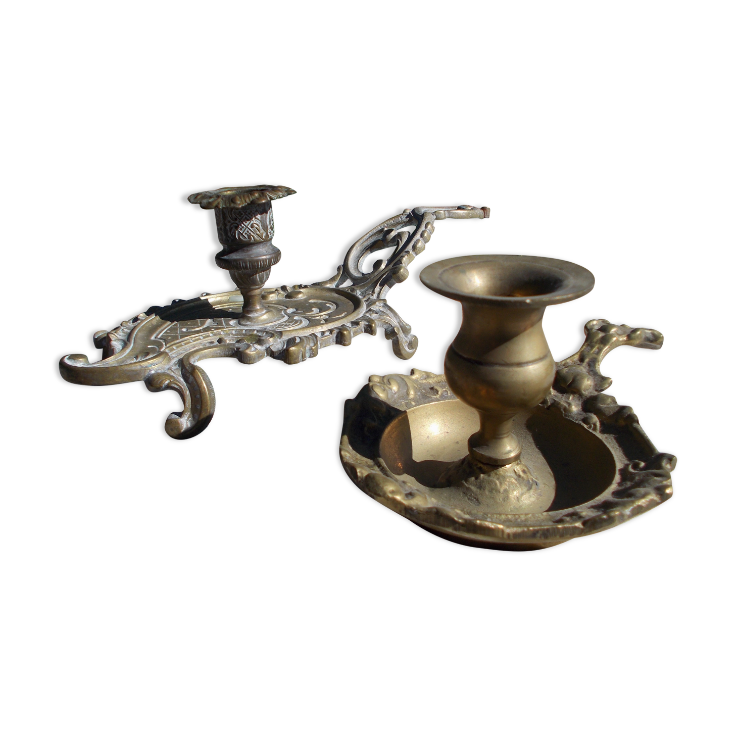 2 antique hand candlesticks Louis XV style rocaille bronze or brass