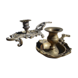 2 antique hand candlesticks Louis XV style rocaille bronze or brass