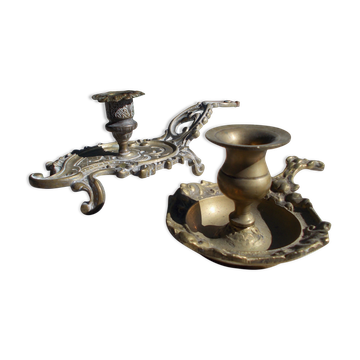 2 antique hand candlesticks Louis XV style rocaille bronze or brass