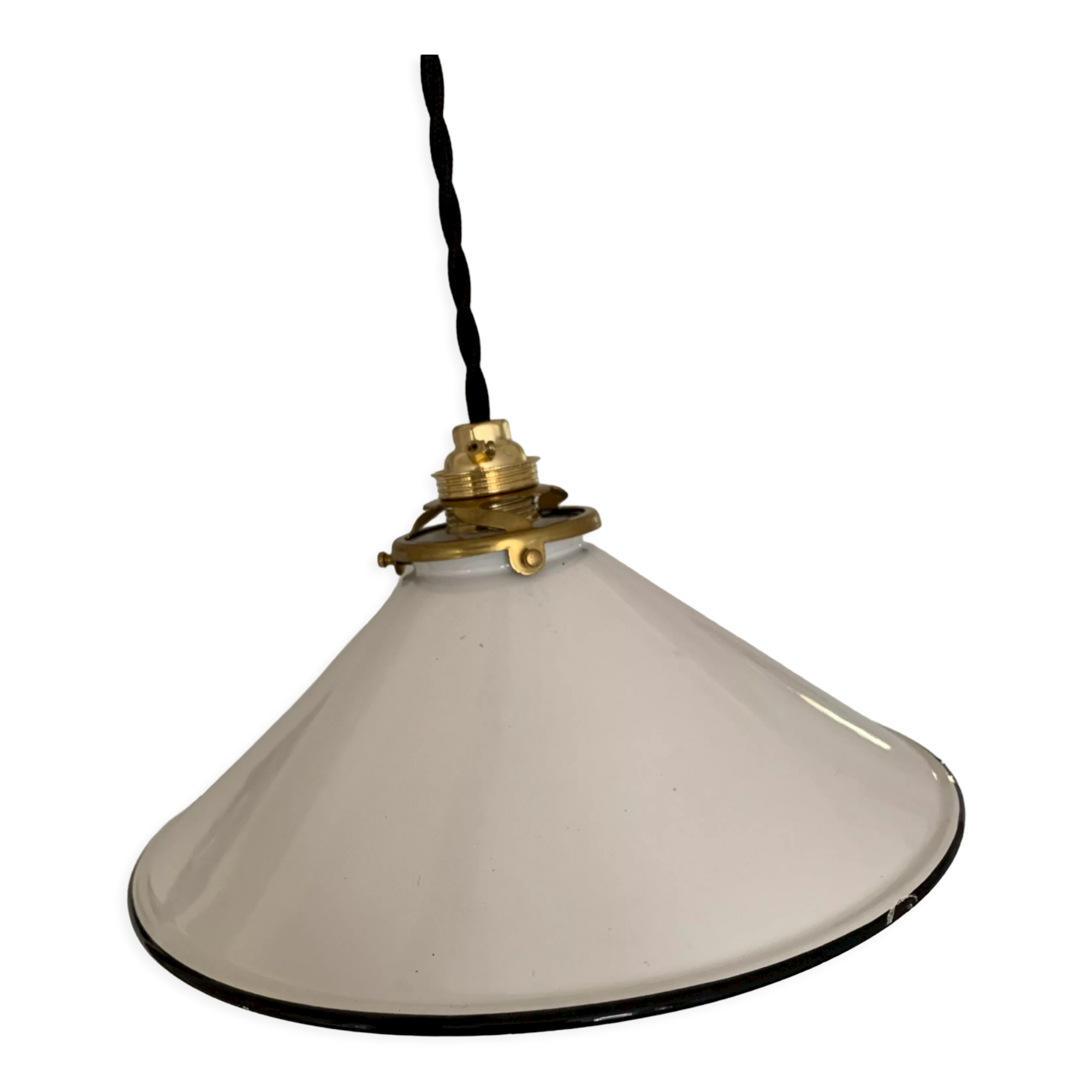 Old pair of white industrial metal suspensions with black border