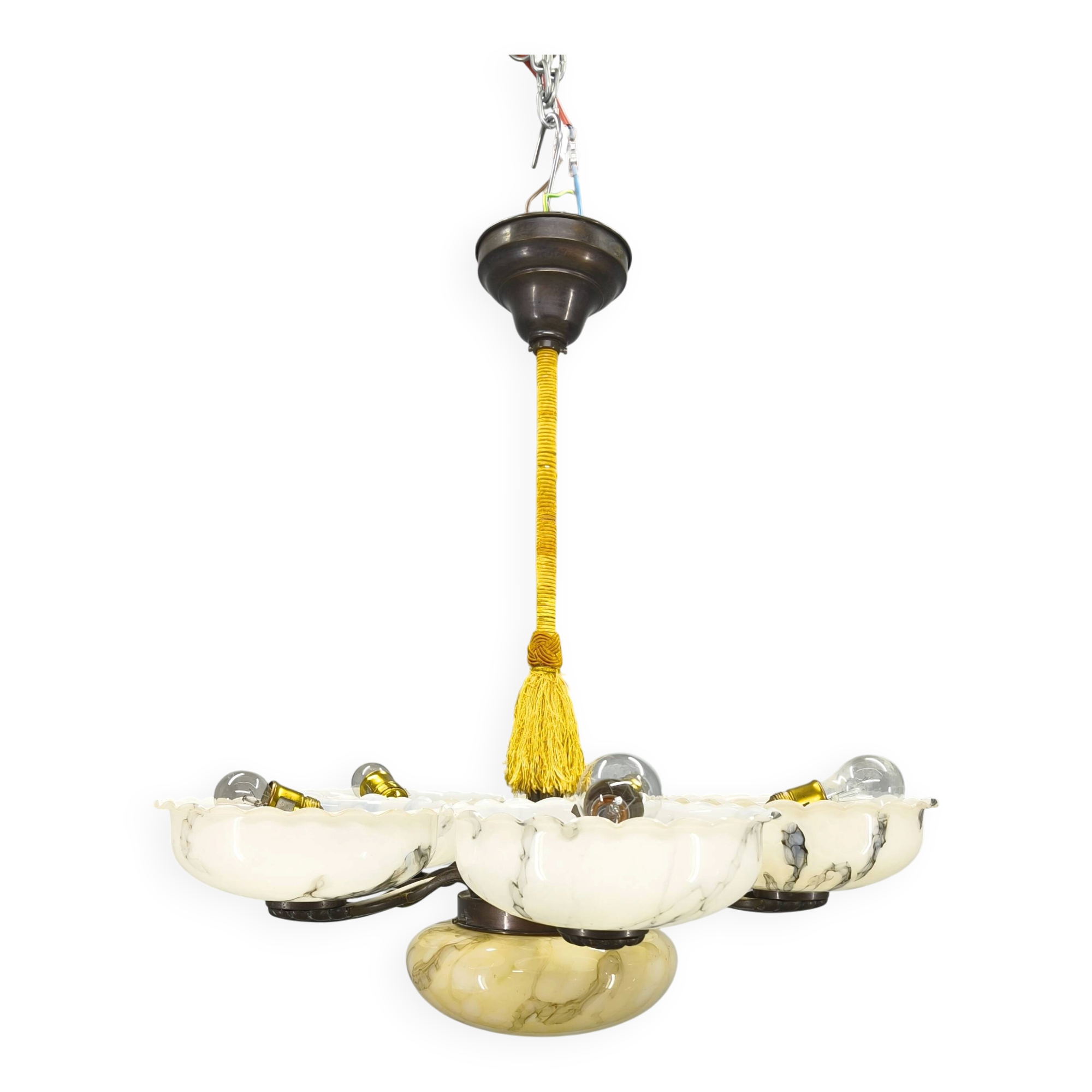 1940s Czech Art Deco Brass Opaline Glass Chandelier