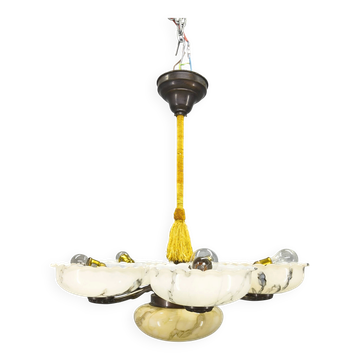 1940s Czech Art Deco Brass Opaline Glass Chandelier