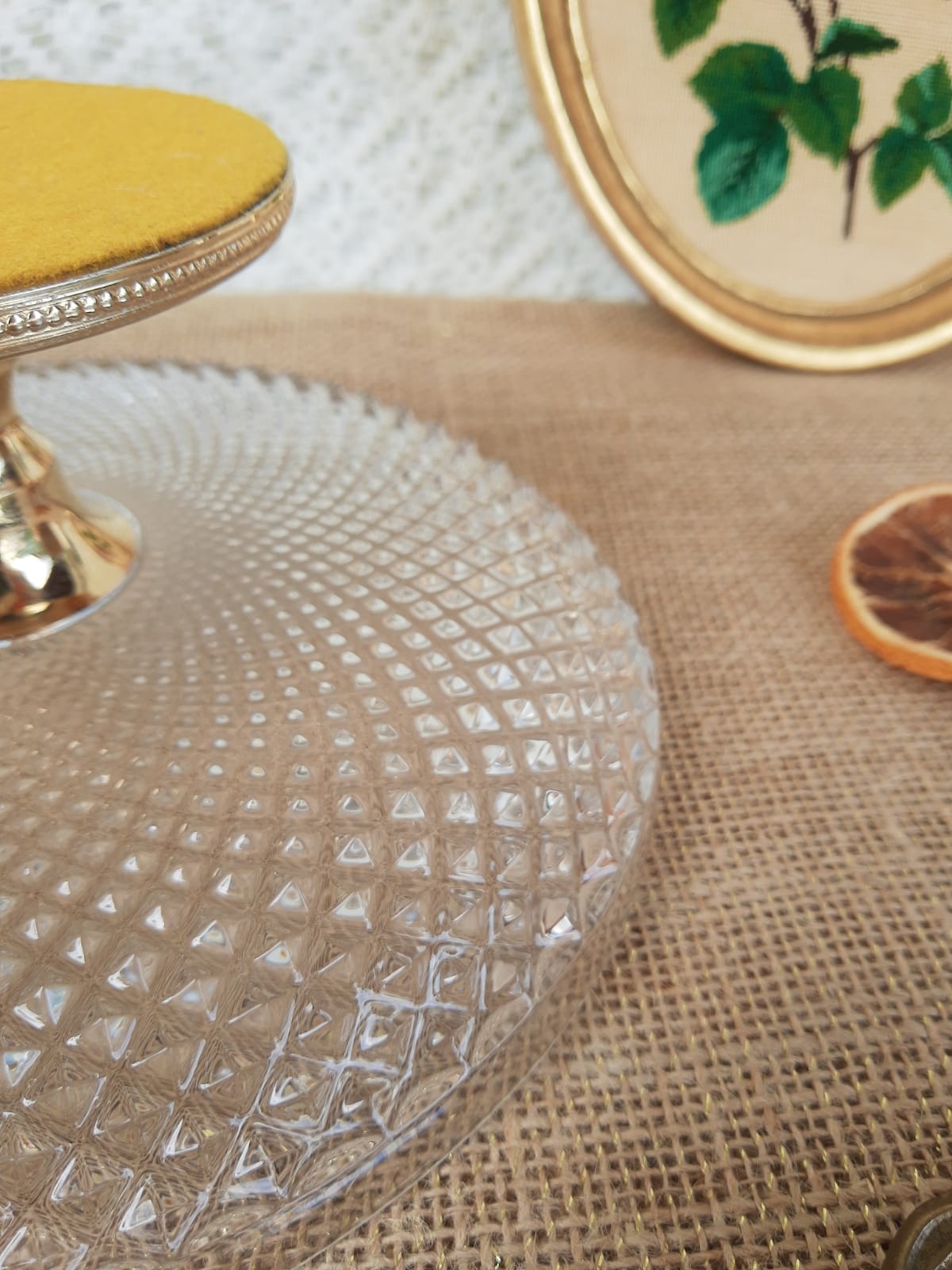 Glass and gold metal cake display - vintage